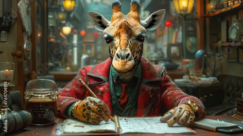 An exquisitely detailed giraffe, decked out in reporter gear, jotting down notes at a crime scene, the high-end cafe setting behind it blending opulence with the urgency of news