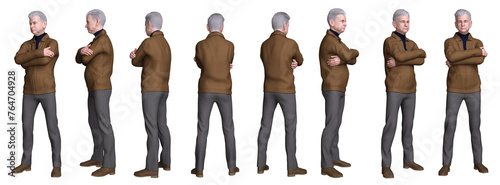 Bilde på lerret 3D render : standing senior male character with different angle of portrait for