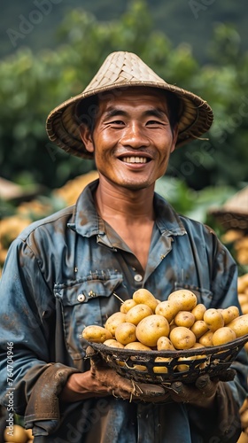 asian farmers holding potatoes in their hands, happy, sunny day,