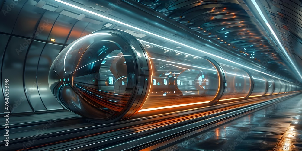 High-speed vacuum tube transportation system propels sleek pods at  mph for sustainable travel. Concept Vacuum Tube Transportation, High-speed Pods, Sustainable Travel - obrazy, fototapety, plakaty 