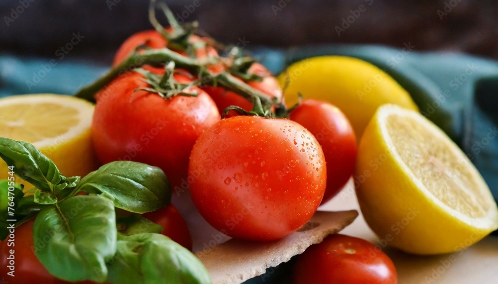 Vibrant Freshness: Close-Up Shot of Tomatoes and Lemons, Ideal for Food Blogs or Recipes