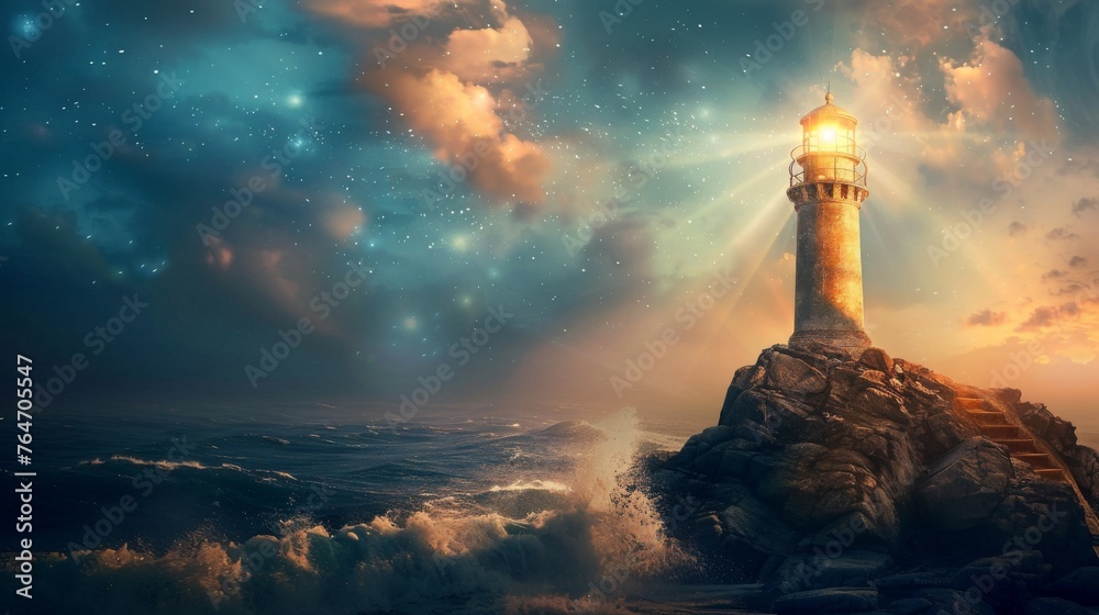 As dusk falls, a steadfast lighthouse beams light across stormy seas ...