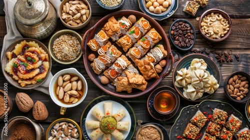 Arabic Cuisine: Middle Eastern desserts. Delicious collection of Ramadan traditional desserts. Served with tasty nuts, Arabic coffee, honey syrup and sugar syrup .Top view with close up © Nijat