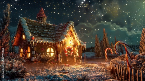 Snowflakes fall gently around a gingerbread house bathed in golden light, creating a cozy, festive atmosphere on a winter night.