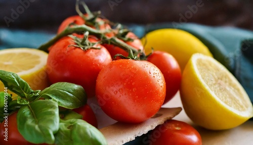 Vibrant Freshness: Close-Up Shot of Tomatoes and Lemons, Ideal for Food Blogs or Recipes"