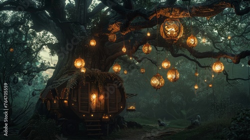 A magical caravan adorned with glowing lanterns sits beneath an ancient tree in a mystical forest, inviting wonder and adventure.