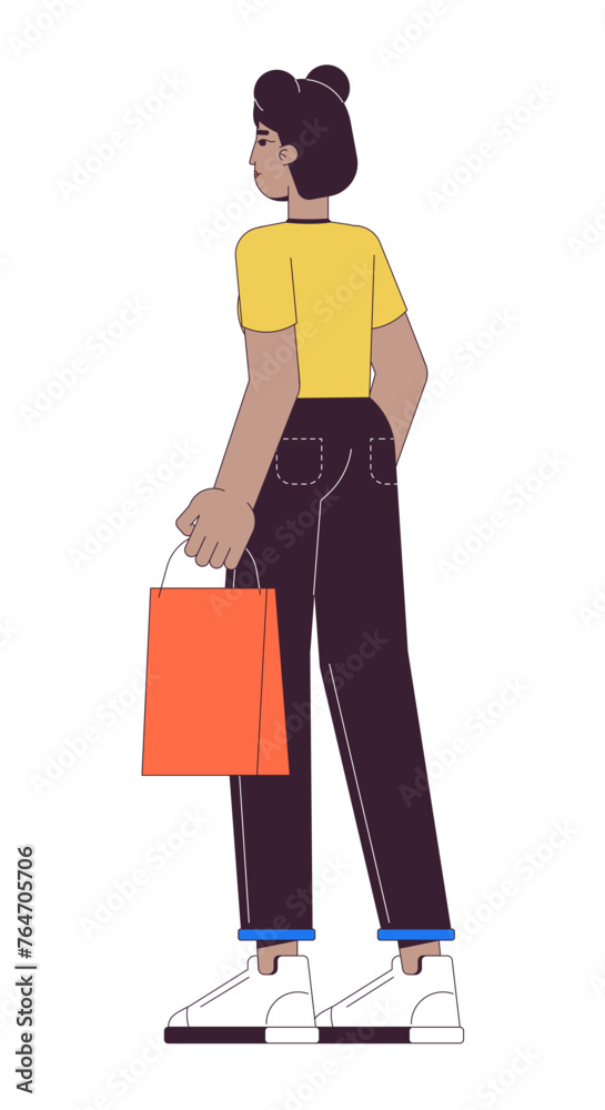 African american woman with shopping bag 2D linear cartoon character. Black female shopper isolated line vector person white background. Purchasing goods for fun color flat spot illustration African american woman with shopping bag 2D linear cartoon character. Black female shopper isolated line vector person white background. Purchasing goods for fun color flat spot illustration
