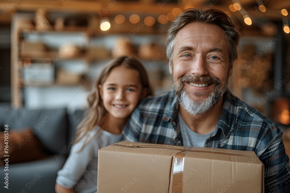 Man and Little Girl Holding a Cardboard Box Man and Little Girl Holding a Cardboard Box