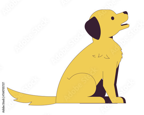 Friendly dog sitting 2D linear cartoon character. Pedigreed puppy. Fluffy canine pet companion isolated line vector animal white background. Veterinarian service color flat spot illustration