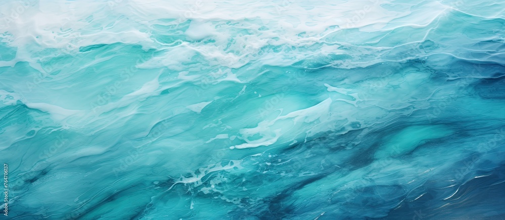 An artistic portrayal of a wave in shades of blue creating a foamy white crest, resembling the ocean's beauty and power