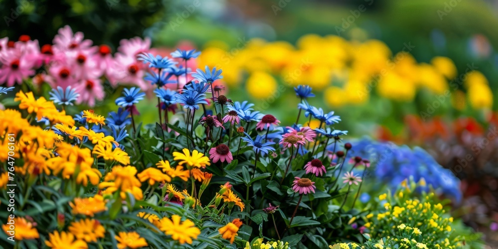 display of blue and yellow flowers in soft focus