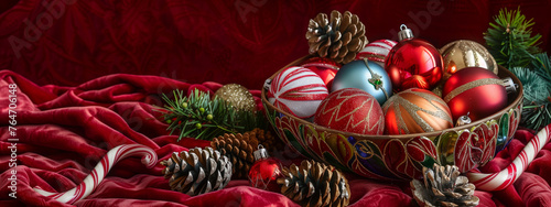 Festive Christmas Composition with Ornaments and Pine Cones