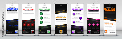 modern line roll up banner design for events, meetings, presentations in blue, red, green, yellow, purple, pink and orange colours