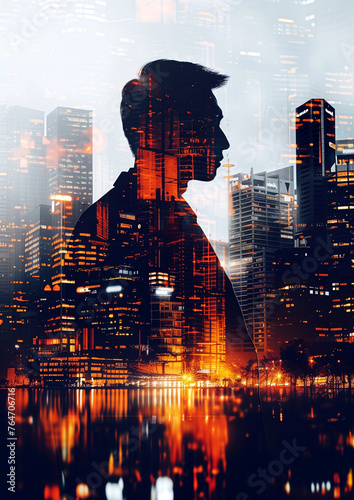 Businessman silhouette  poised against contemporary urban skyline
