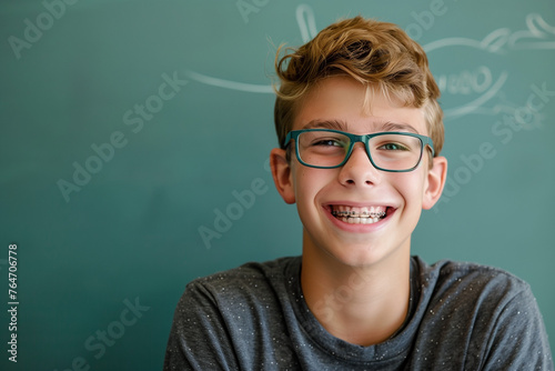Know-it-all school nerd, copy space of smart geek kid in glasses and gadget at blackboard with smile