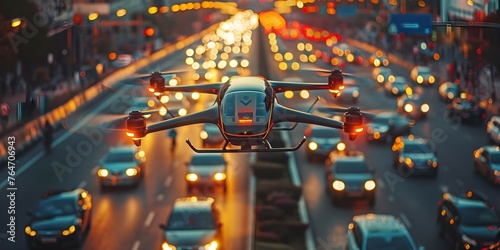 Efficient hover drone zooms over urban traffic showcasing advanced autonomous delivery. Concept Urban Traffic, Hover Drone, Autonomous Delivery, Efficient Technology, Advanced Logistics