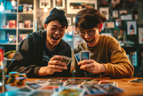 Geeks playing a fantasy card game, two young Asian friends excited about the collectibles they like photo
