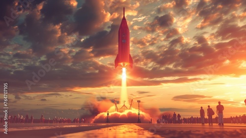 Red rocket is seen soaring into the sky during sunset, leaving behind a trail of flames and smoke as it propels upwards towards space.