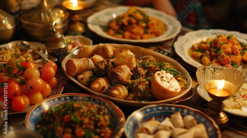 Close-up of food and meze during traditional Muslim Ramadan Iftar meal. 