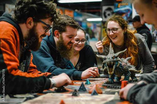 Friends playing role-playing games, geeks playing dice and dragons at a local boardgame store photo