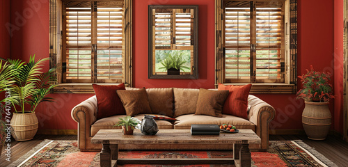 Rustic-inspired living room, brick red walls, wooden shutters, caramel brown sofa, weathered barnwood coffee table. photo