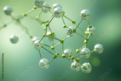 Close-up visualization of a green molecule of a cosmetic structure made of natural herbal ingredients