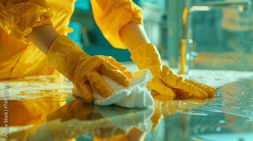 Close-up of female hands in yellow gloves cleaning with a sponge rag. Cleaning concept. Copy space. Generative AI