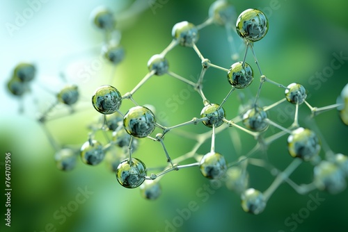 Close up visualization of with green molecule or atom, Abstract structure for Science or medical background With light photo