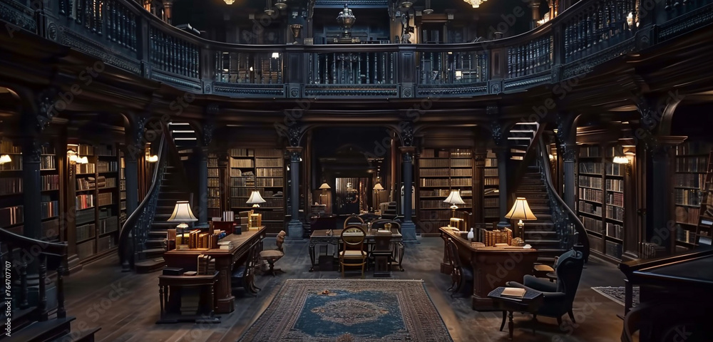 Victorian Gothic library with moody lighting.