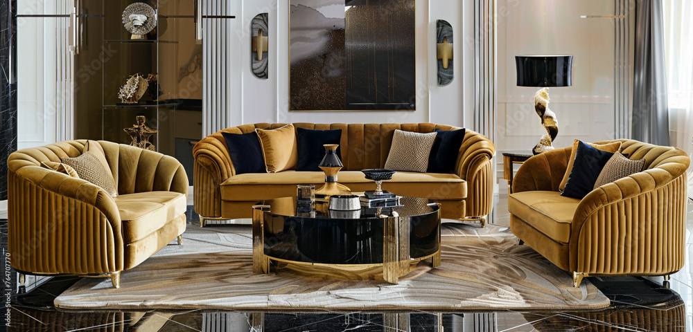 Art deco-inspired living room with glamorous gold accents, bold ...