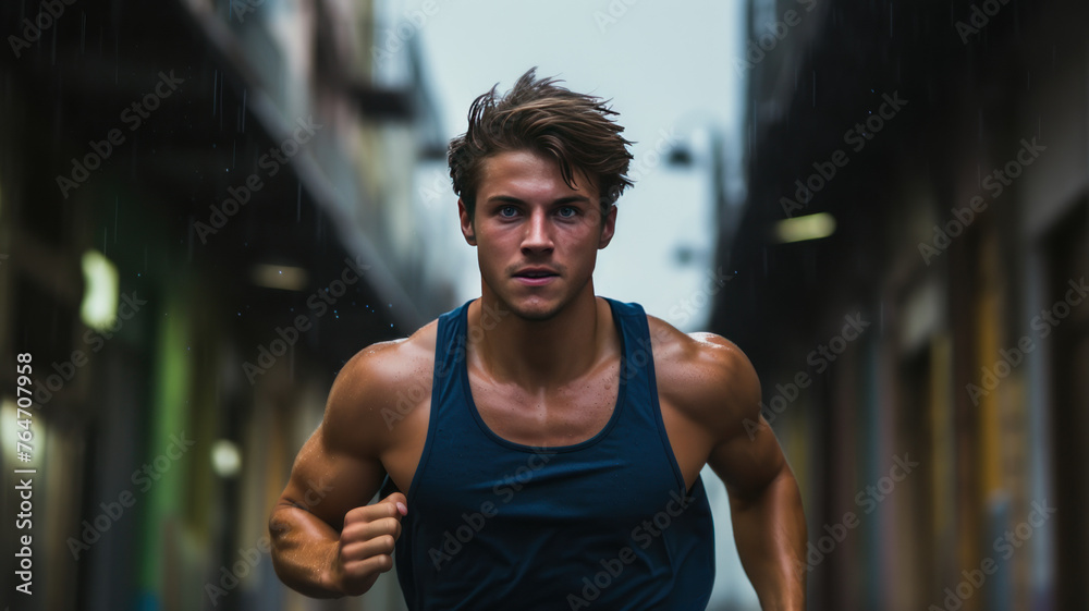 young man runner start running on road