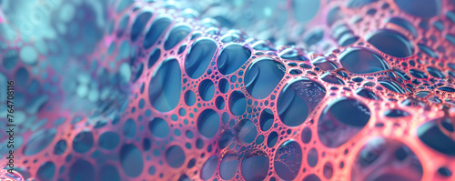 A close-up of an abstract pattern with organic porous structures in coral and azure hues, resembling a microscopic view of sea foam.