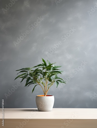 Potted plant on table in front of gray wall  in the style of minimalist backgrounds  exotic  gray