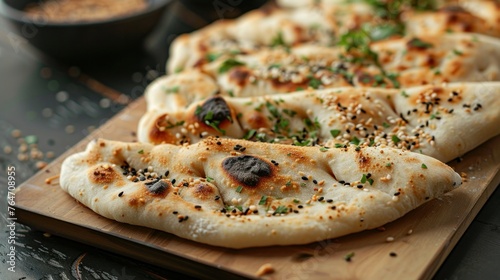 Freshly baked flat bread in the style of turkish ramadan pide on a kitchen board, selected focus, narrow depth of field  photo