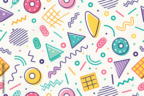 Fun colorful line doodle seamless pattern. Creative minimalist style art background for children or trendy design with basic shapes. Simple party confetti texture, childish scribble shape