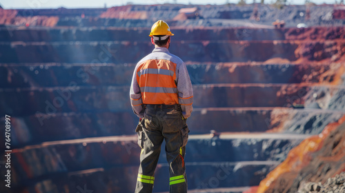 A mining engineer stands on top of a huge deep ore mining pit, rear view