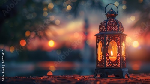 Muslim Holy Month Ramadan Kareem - Ornamental Arabic Lantern With Burning Candle Glowing At Evening 