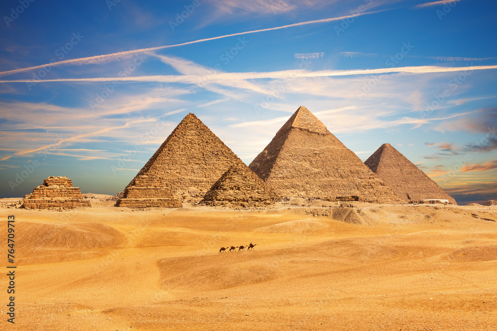 The Pyramid of Egypt complex in the sands of Giza desert, Africa