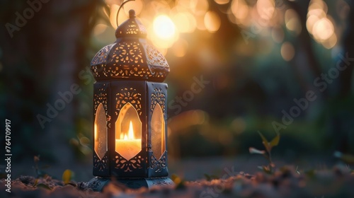 Muslim Holy Month Ramadan Kareem - Ornamental Arabic Lantern With Burning Candle Glowing At Evening  photo