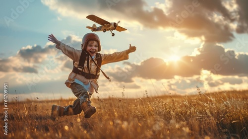 A young girl is energetically running through a field, with an airplane flying high in the sky above her. The scene captures the juxtaposition of the childs playful movement against the backdrop of photo