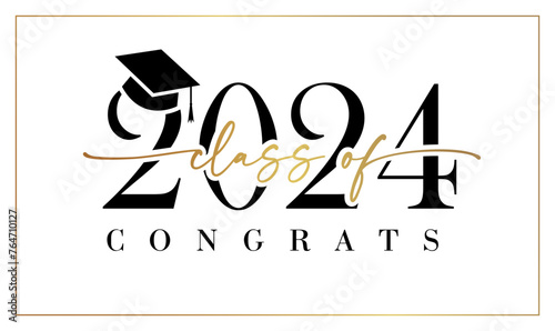 Class of 2024 cute graphic logo concept. Congrats graduates banner. Diploma design. Typographic poster. Retro style number 2 0 2 4 and golden text with white background. School greetings or invitation photo