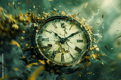 Old antique clock disintegrating into pieces. Time is running out, no time left, haste, and deadline concept	