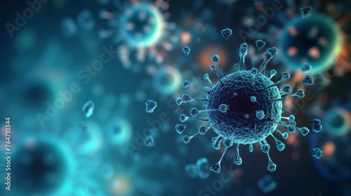 Virus or bacteria molecule under a microscope, blue background. Close-up, microbe, coronavirus. Medical background. Healthcare concept, virology, biology photo