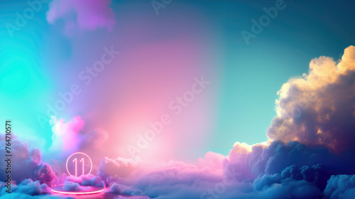 11th birthday concept. Neon number 11 on a blue and pink cloud filled background, copy space photo