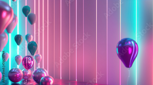 18th birthday concept. number 18 on a pink balloon surrounded by balloons on a pink and blue neon light abstract background, copy space