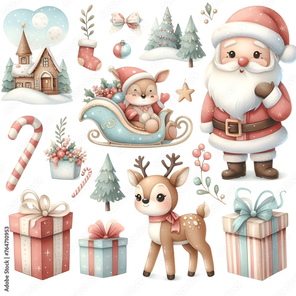 Santa, Rudolph, and gift boxes depicted in soft pastel tones. Watercolor illustrations. Santa, Rudolph, and gift boxes depicted in soft pastel tones. Watercolor illustrations.