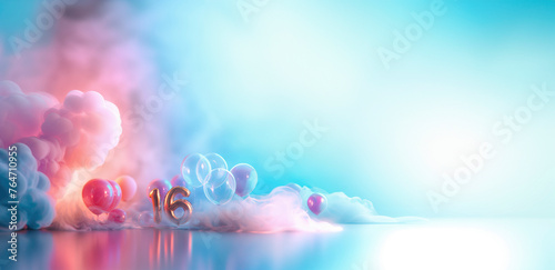 16th birthday concept. gold number 16 balloon surrounded by clouds and balloons on blue sky studio background, copy space photo