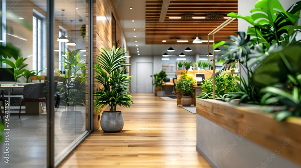 Green biophilic design of workplace office for business work. - obrazy, fototapety, plakaty 
