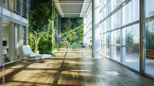 A modern, eco friendly office space with a clean, white interior design.