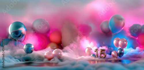 15th birthday concept. number 15 balloons surrounded by multicolour balloons on a fog covered pink and blue background